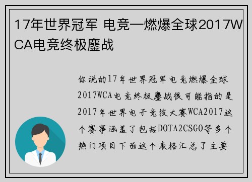 17年世界冠军 电竞—燃爆全球2017WCA电竞终极鏖战
